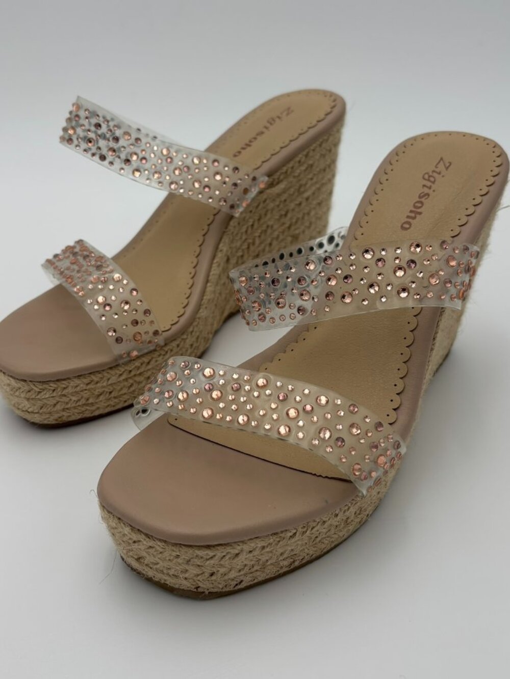 Zigisoho Janise Rose Gold Rhinestone Lucite Espadrille Wedge Sandals 8.5
